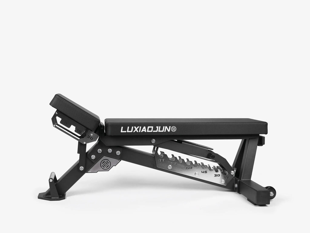 LUXIAOJUN Adjustable Bench AB100-3 shown in side view with multi-angle backrest and seat adjustment
