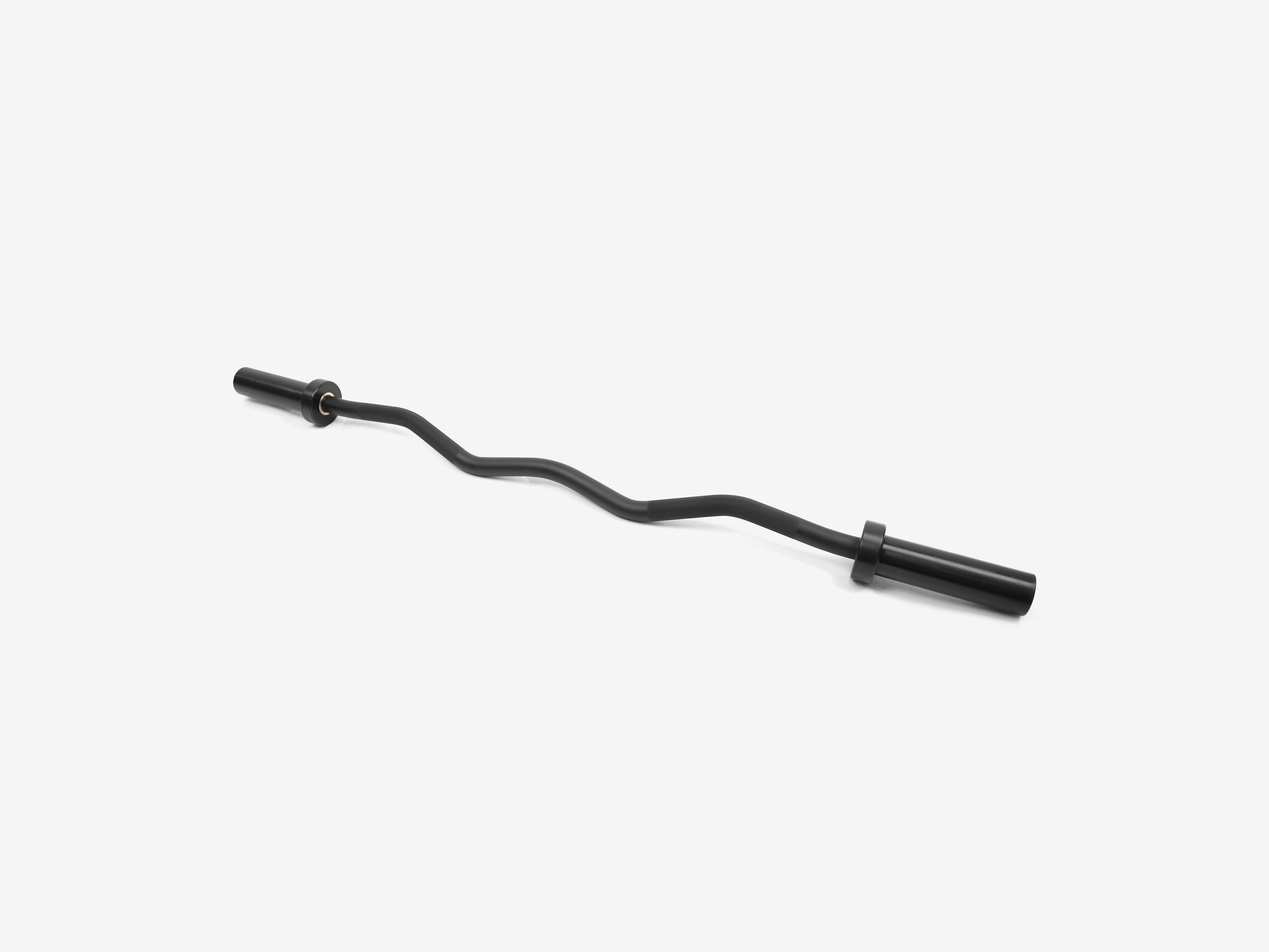 Angled view of LUXIAOJUN 1.2M Curl Bar Black showing camber and sleeve ends