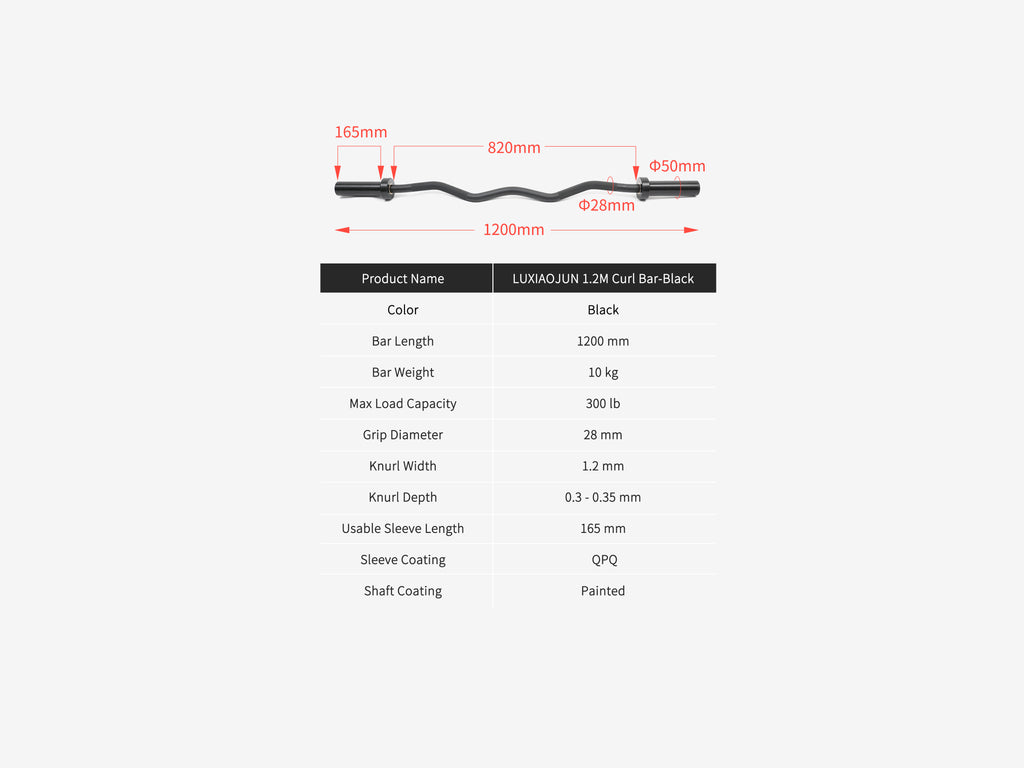 LUXIAOJUN 1.2M Curl Bar Black dimensions diagram and specifications chart
