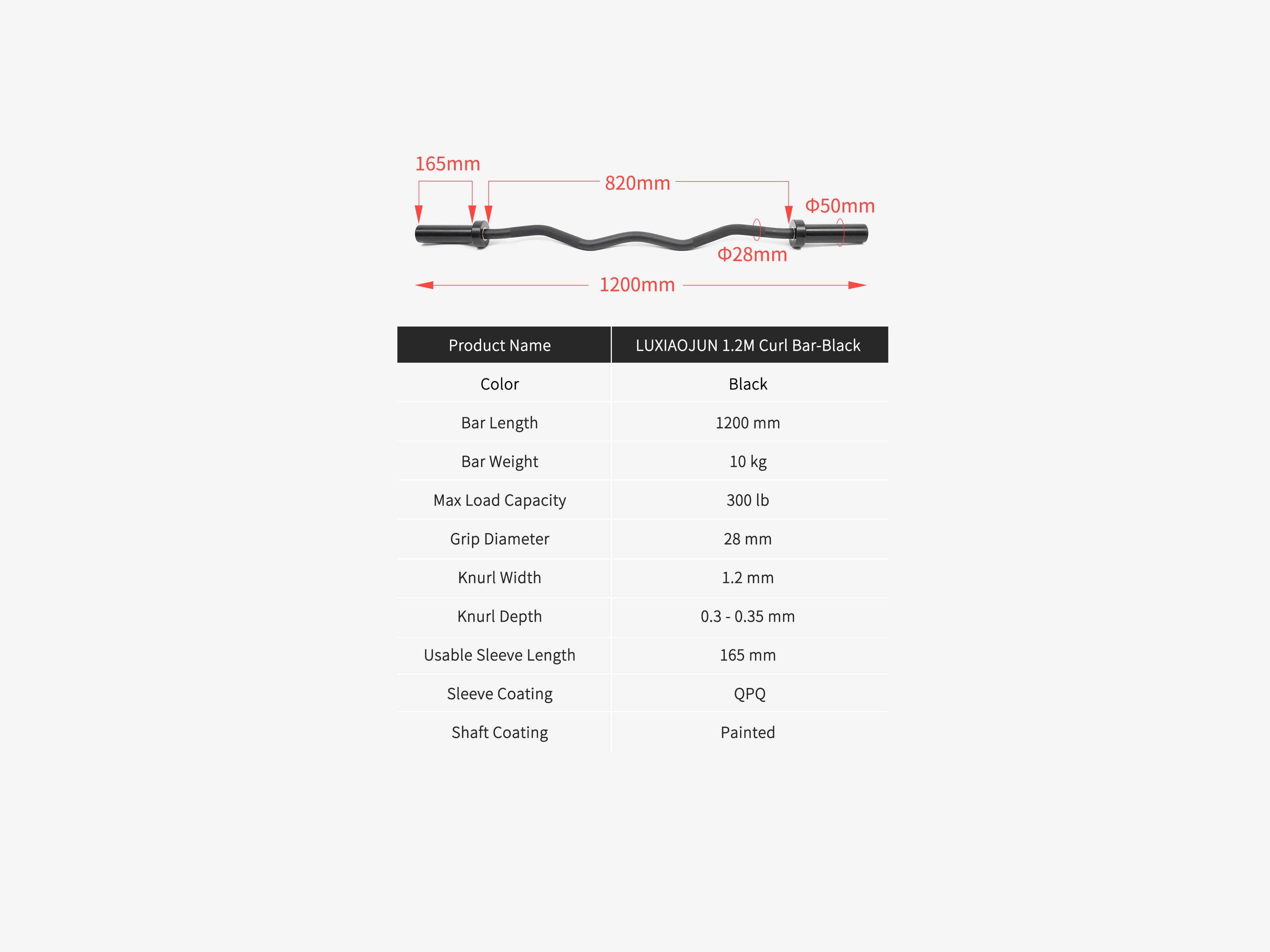 LUXIAOJUN 1.2M Curl Bar Black dimensions diagram and specifications chart