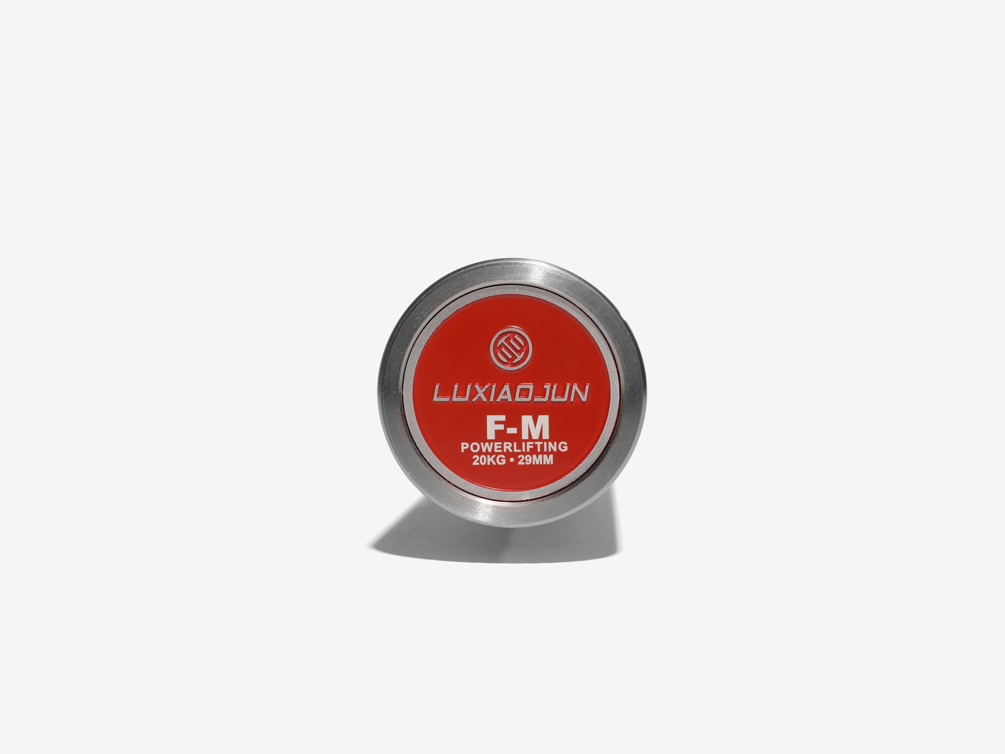 Close-up of LUXIAOJUN 20KG Mastery Stainless Steel Power Bar sleeve end cap with logo