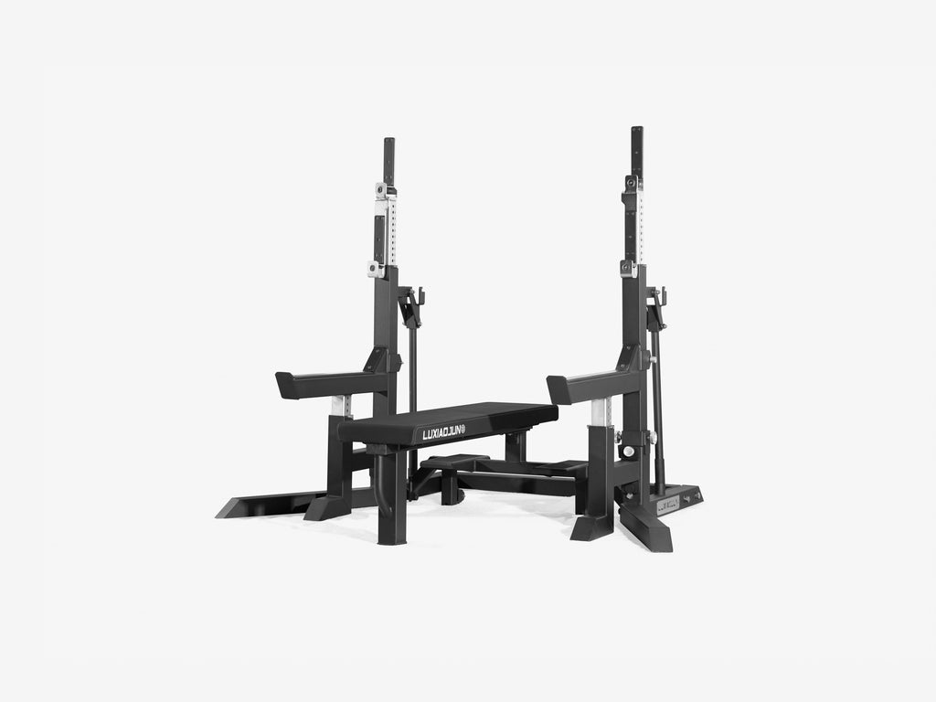 Angled view of LUXIAOJUN Competition Power Rack with bench attached
