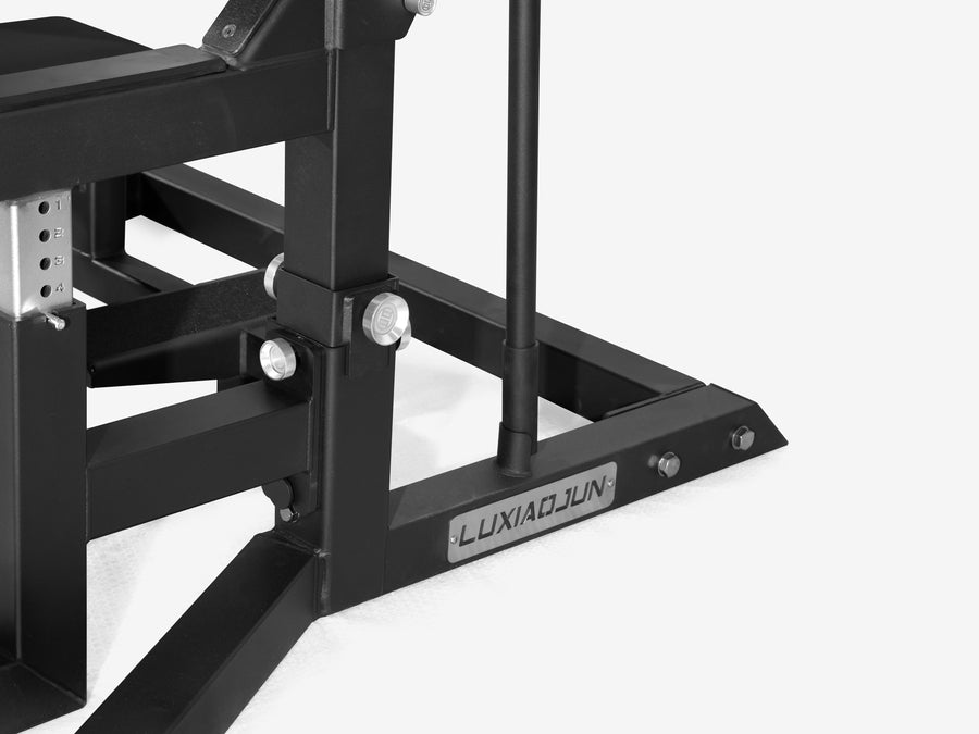Close-up of the base frame, foot and LUXIAOJUN nameplate on the Competition Power Rack
