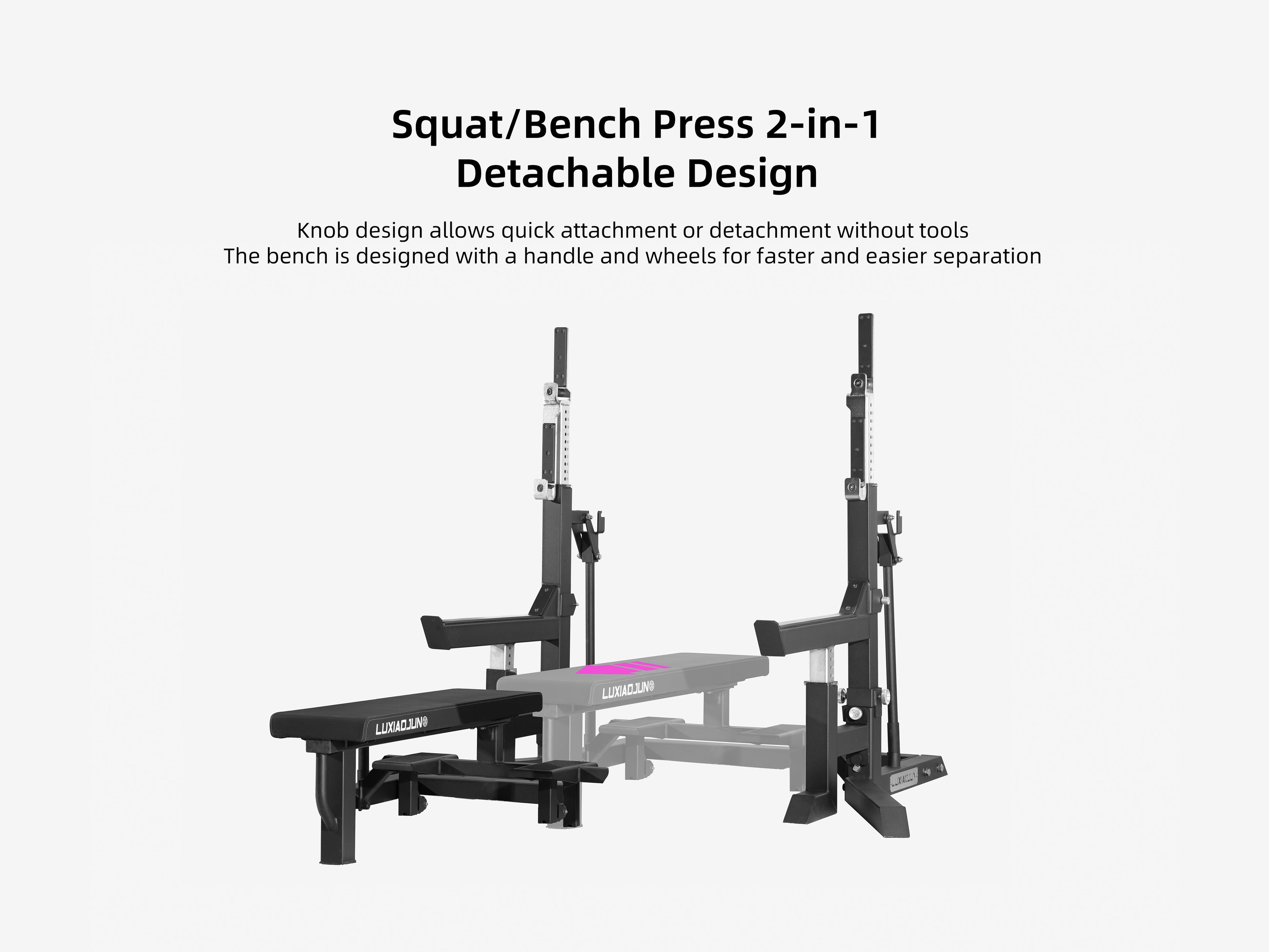  LUXIAOJUN Competition Power Rack showing detachable squat and bench press 2-in-1 design