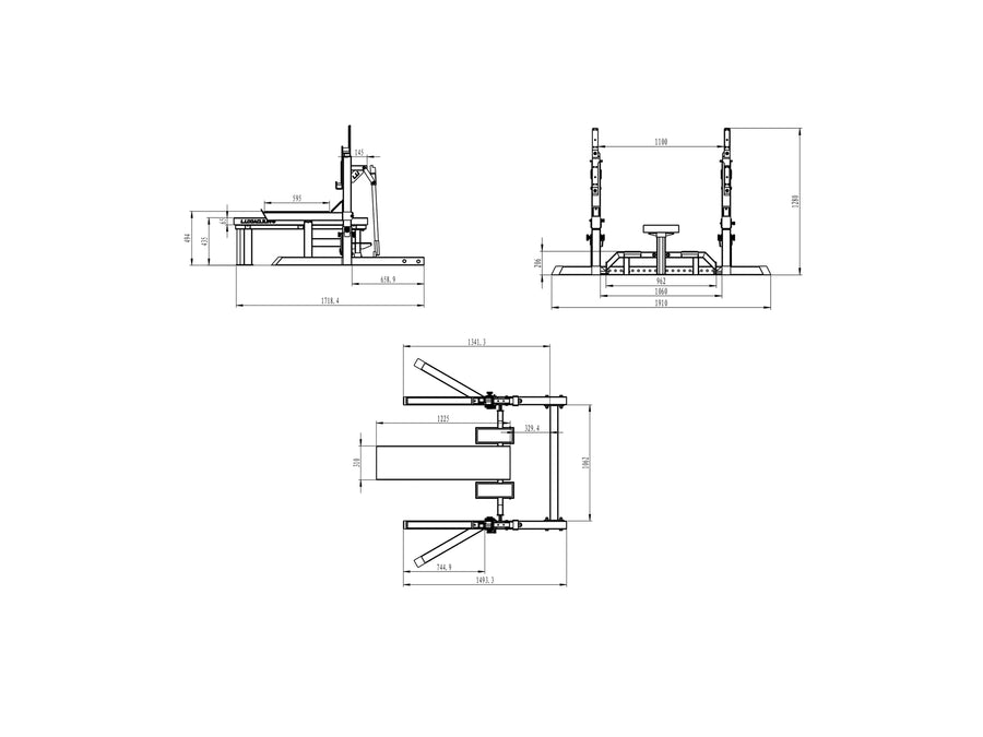 Dimension drawing of the LUXIAOJUN Competition Power Rack with side, front and top views, measured in millimetres