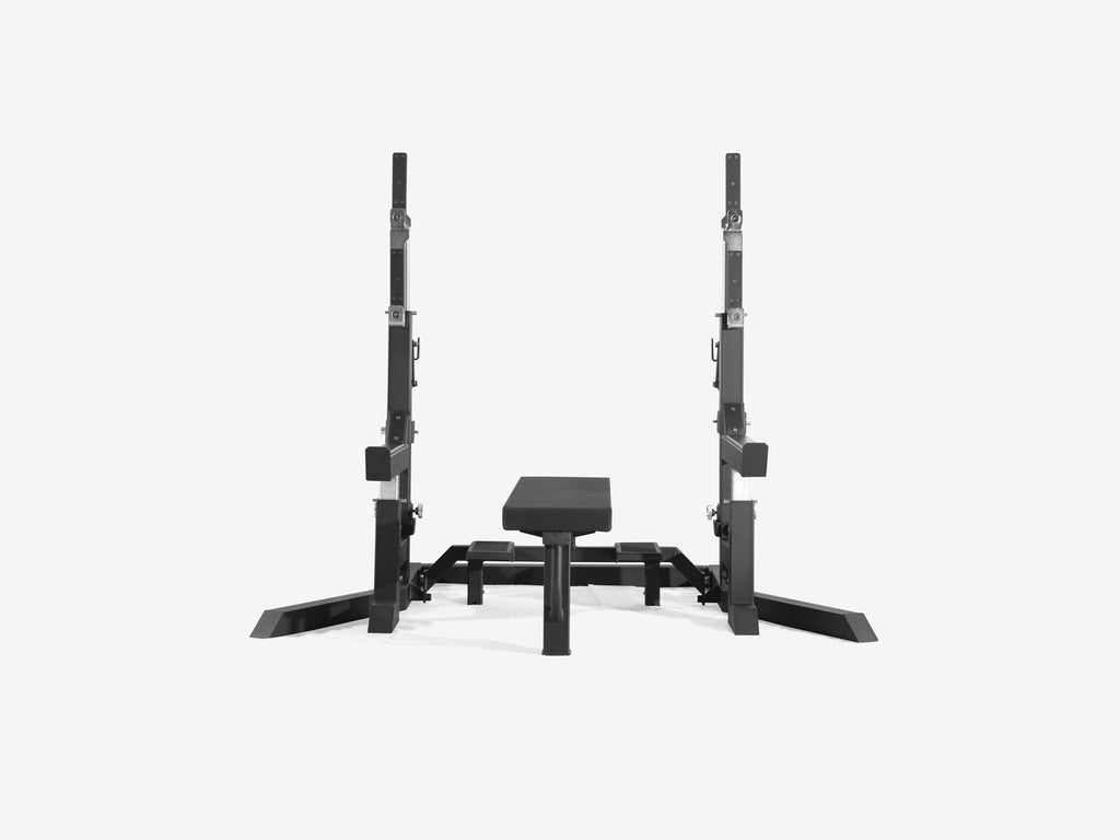 Front view of LUXIAOJUN Competition Power Rack with bench attached