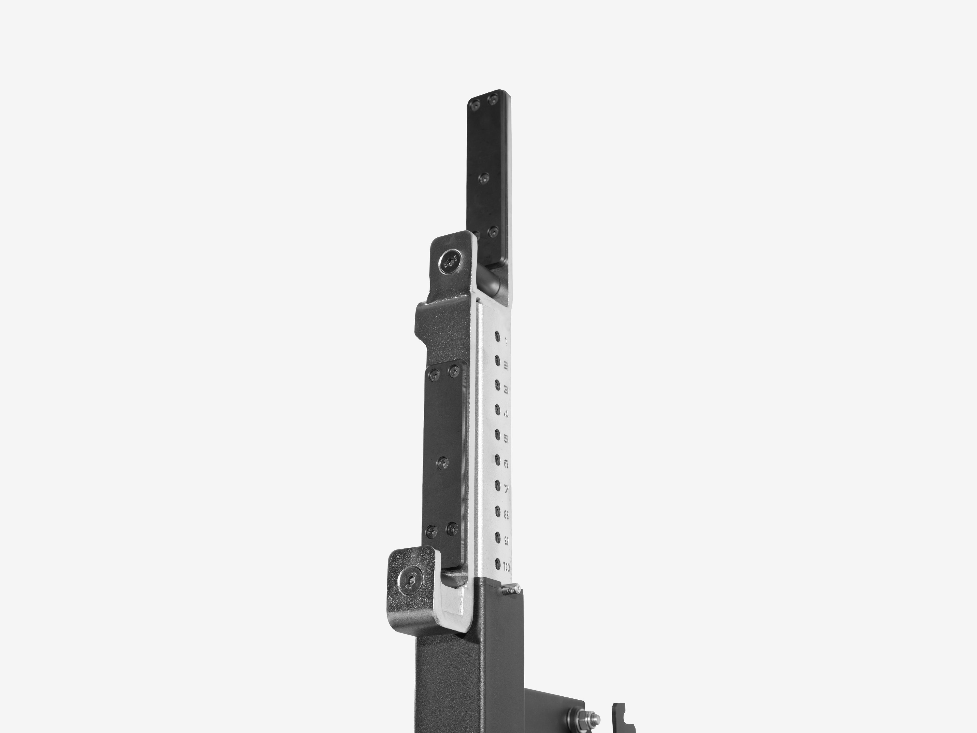 Close-up of J-hook adjustment lever on LUXIAOJUN Competition Power Rack upright