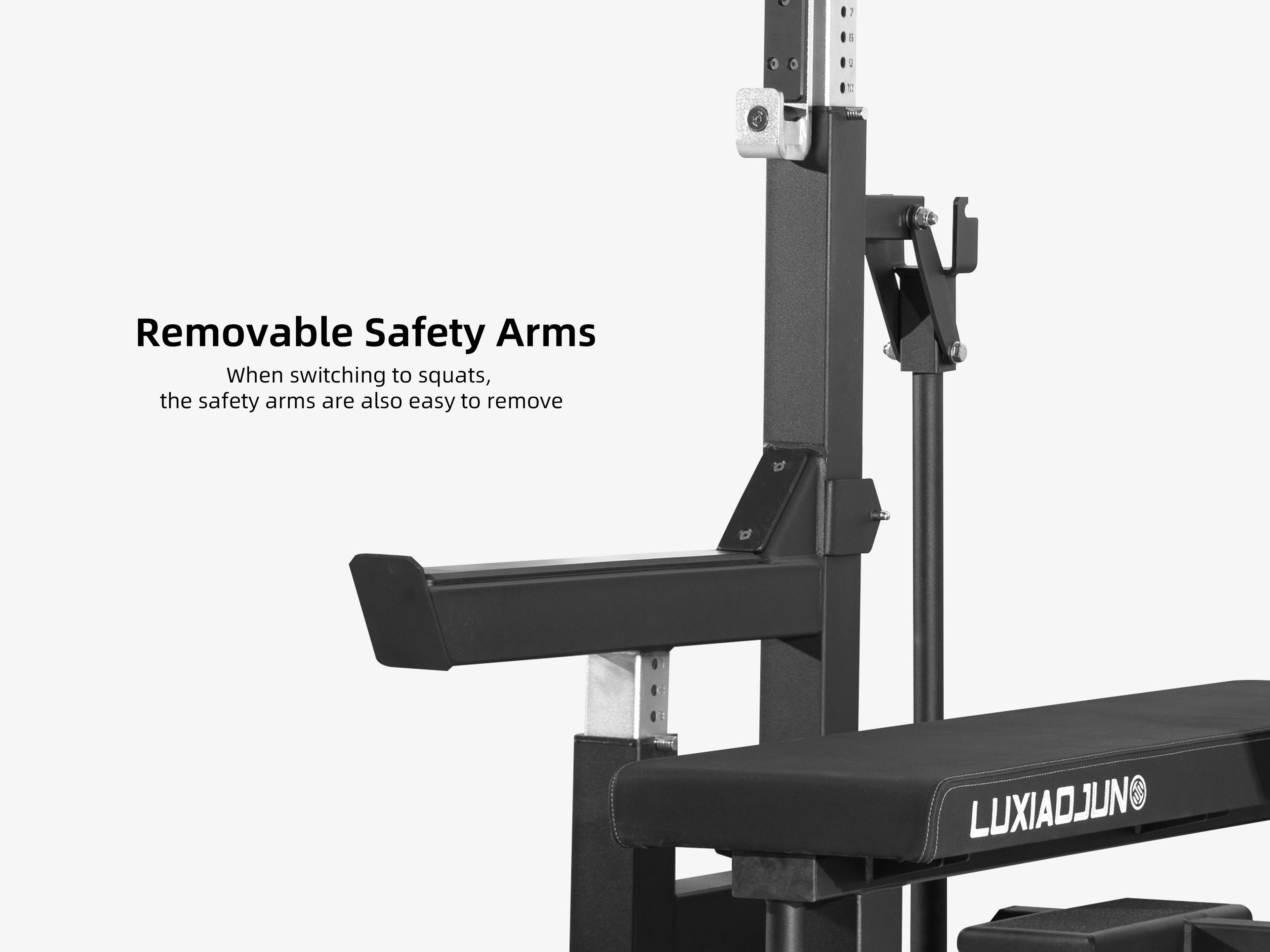 Close-up of removable safety arm attachment on LUXIAOJUN Competition Power Rack