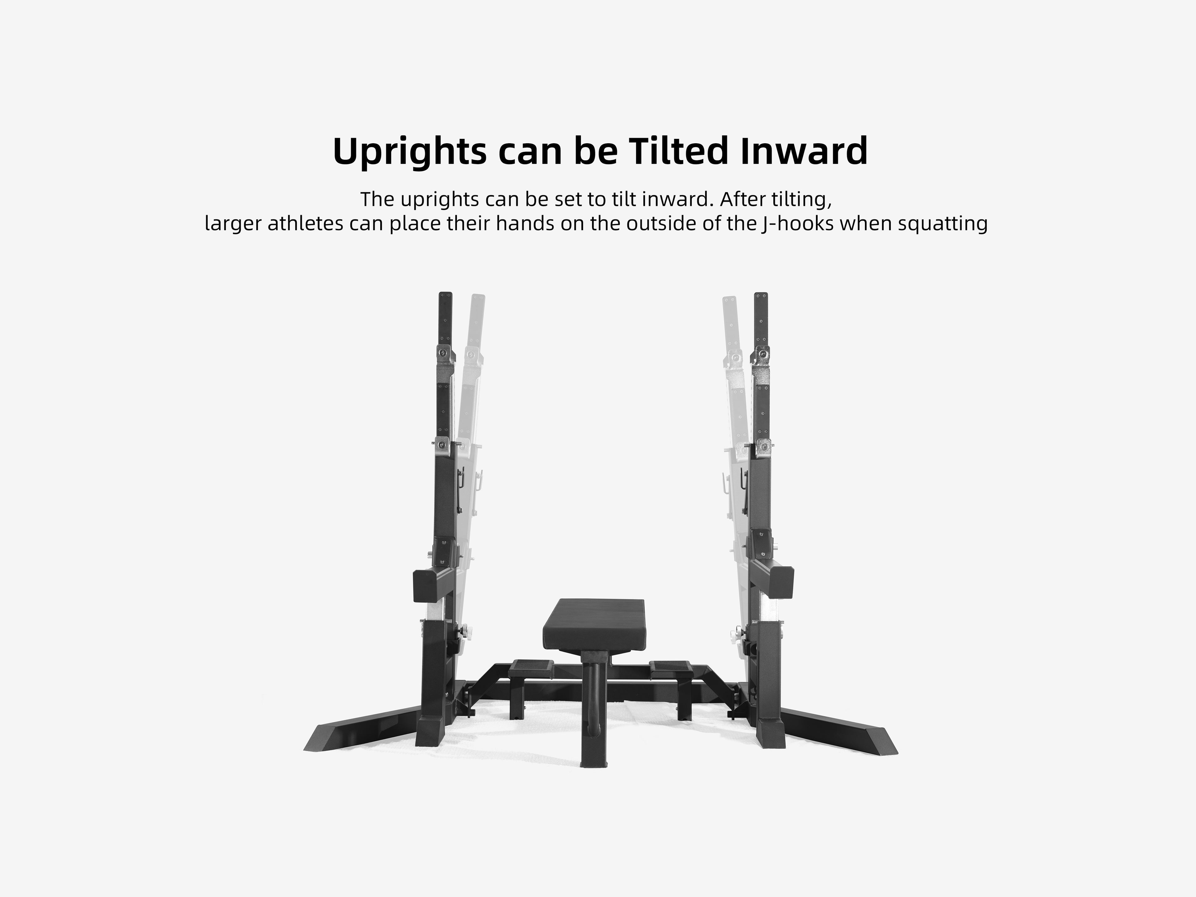 LUXIAOJUN Competition Power Rack uprights shown tilted inward for squat clearance