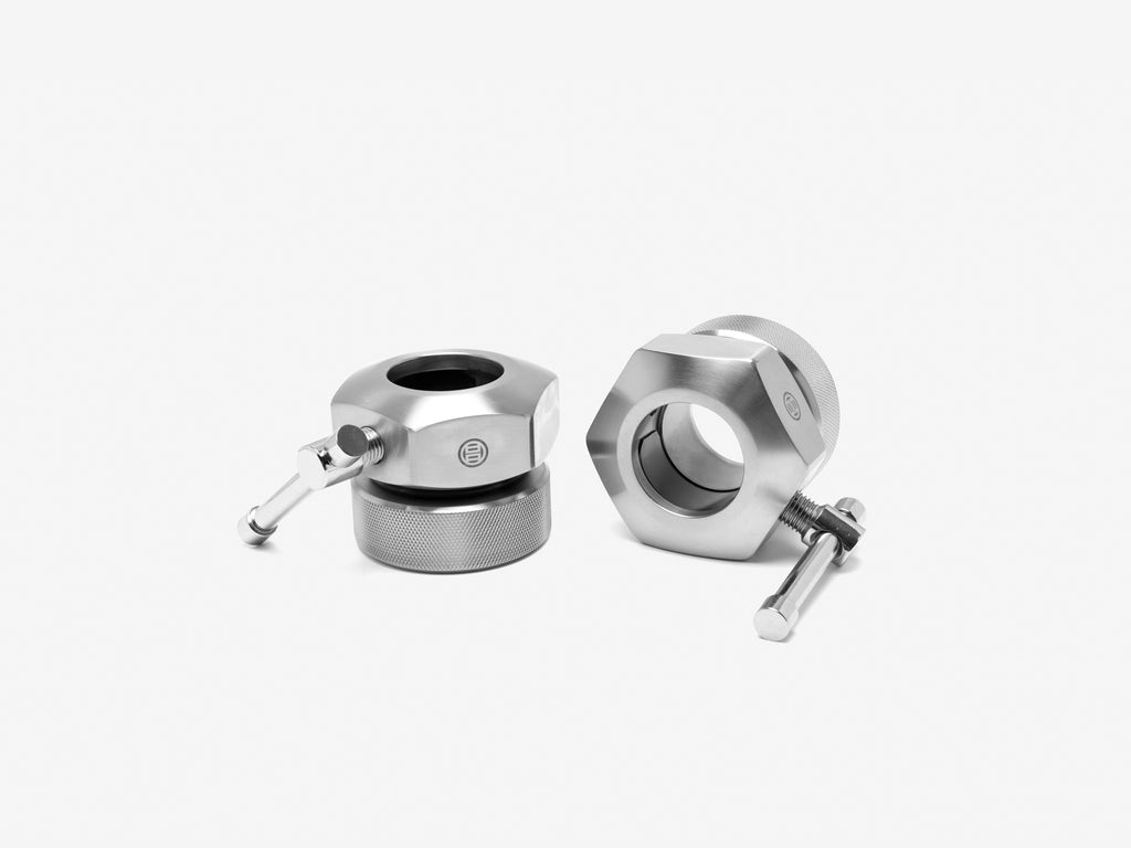 Pair of LUXIAOJUN Lever Lock Competition Barbell Collars shown at an angle