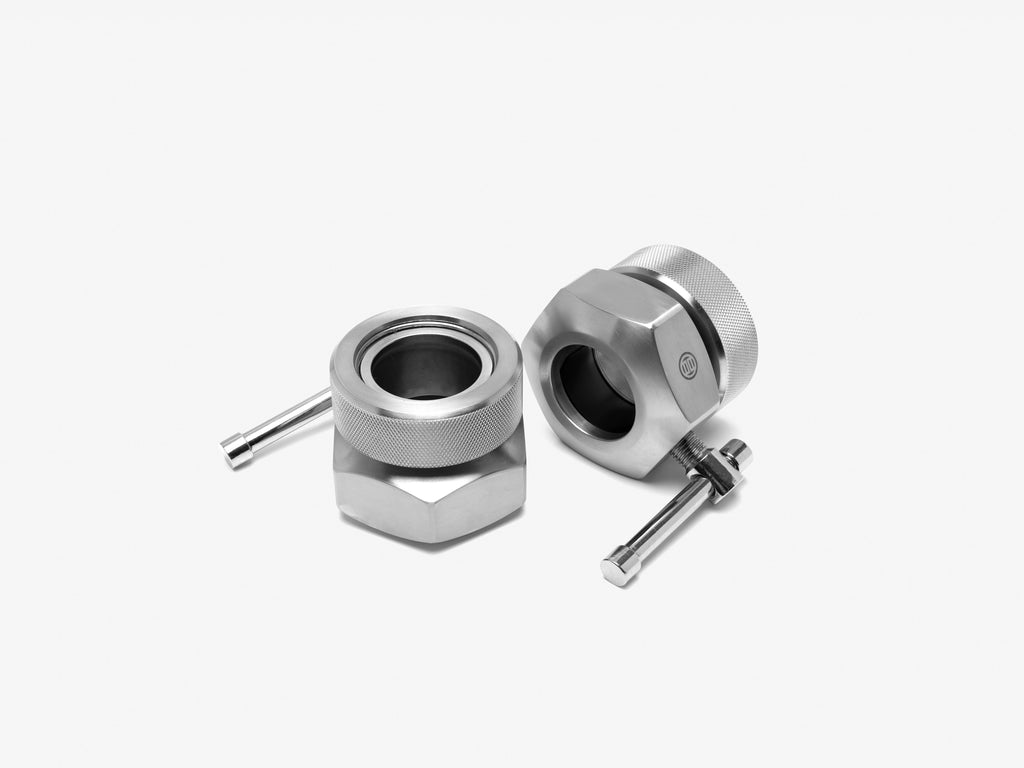 Detail view of LUXIAOJUN Lever Lock Competition Barbell Collars pair showing knurled grip