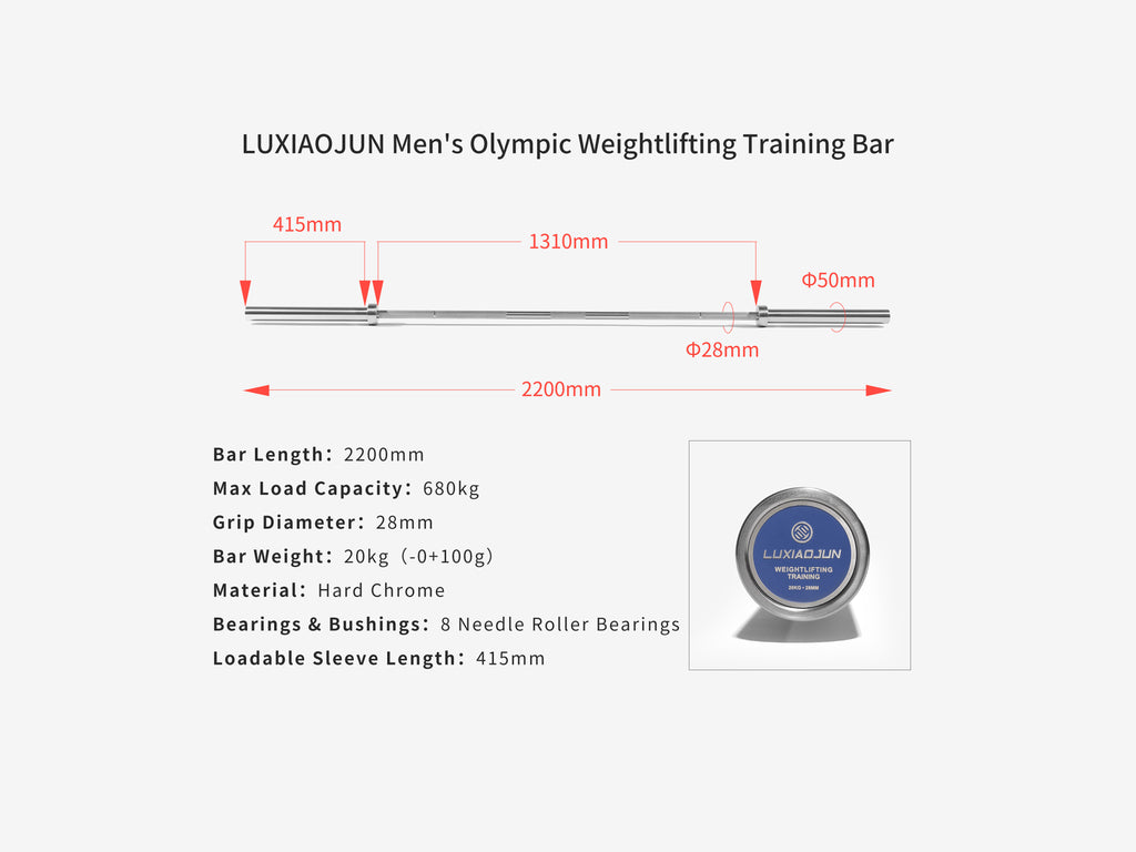 Diagram of LUXIAOJUN Olympic Weightlifting Training Bar showing length, sleeve, and grip diameter measurements