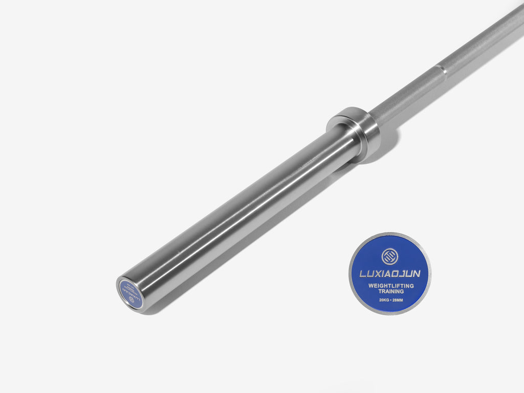 Chrome weightlifting bar with Luxiaojun branding on a white background