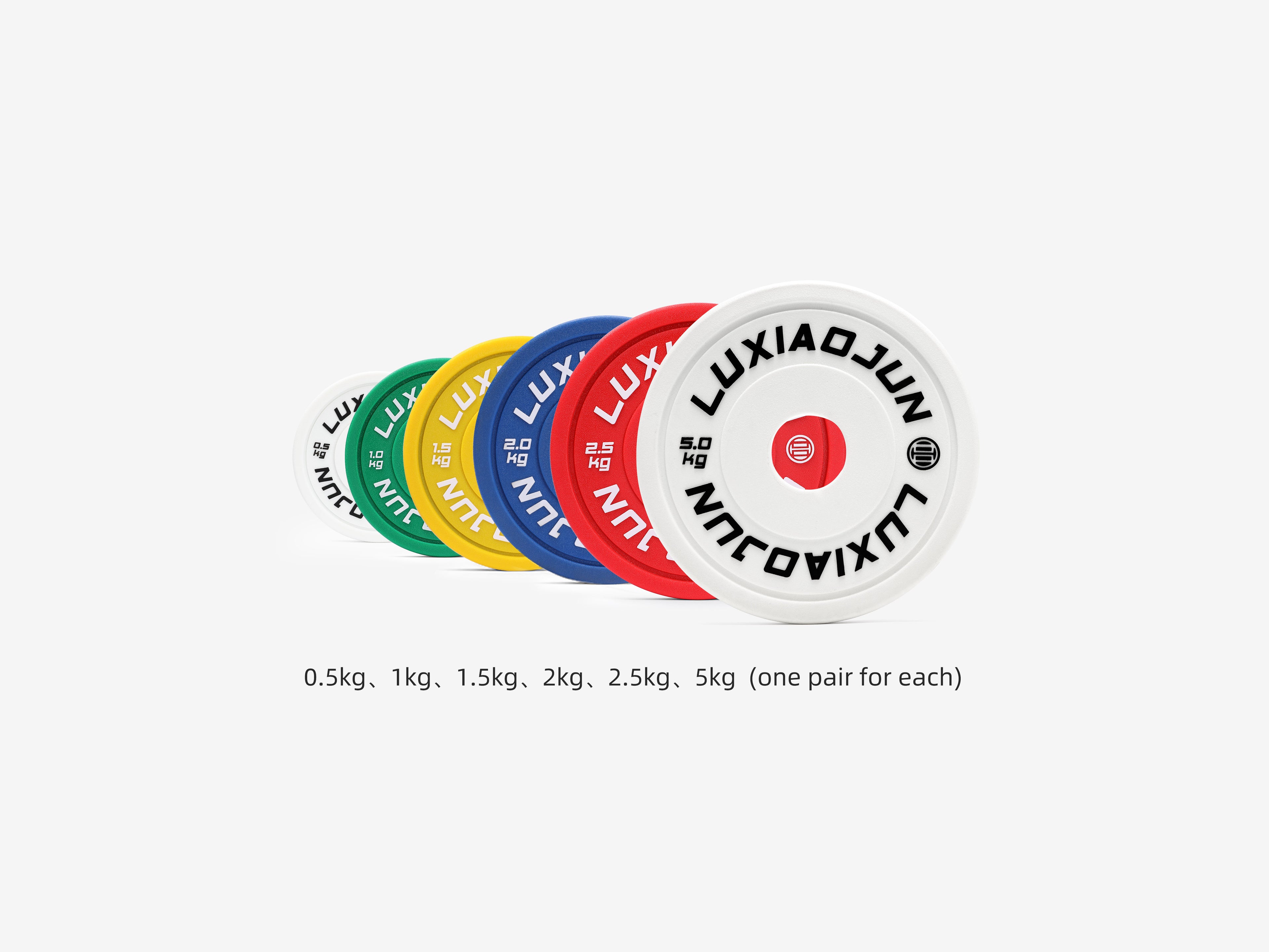 LUXIAOJUN Urethane Change Plates 25KG Set lineup showing 0.5kg to 5kg color-coded weights