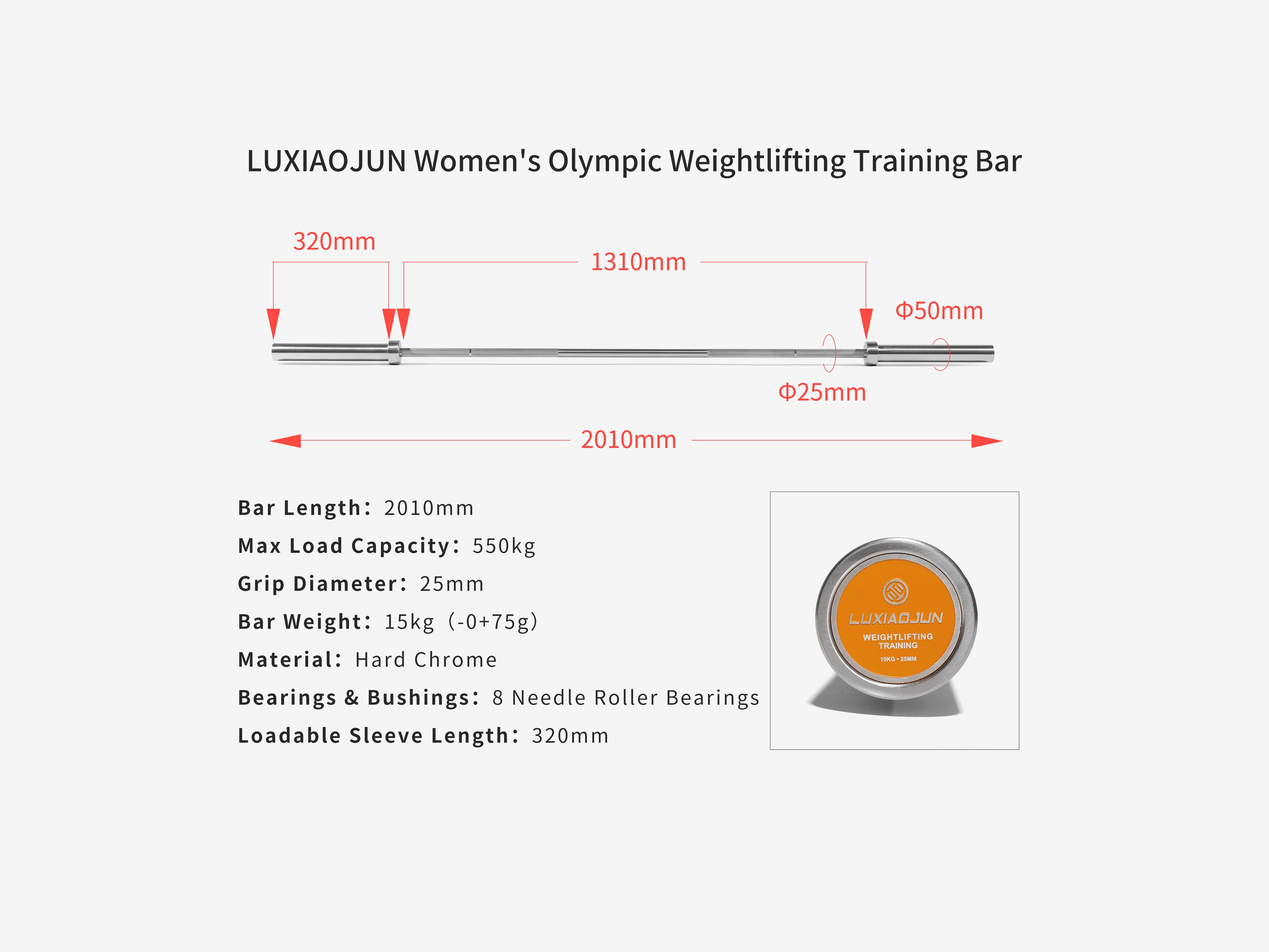 Diagram of LUXIAOJUN Women's Olympic Weightlifting Training Bar showing length, sleeve, and grip diameter measurements